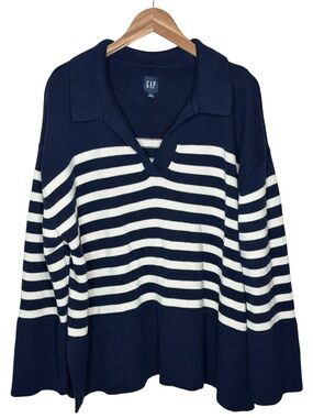 GAP 24/7 Split-Hem Polo Sweater SZ XL Navy White Striped V‑Neck Collared Coastal